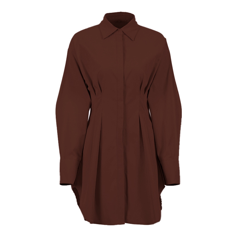 ChantMantras Women's Long Sleeve Pleated Waist Shirt Dress in Brown (photo 2)