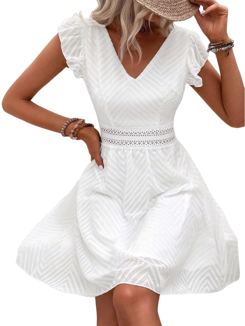 Flutter sleeve lace waist mini dress in white