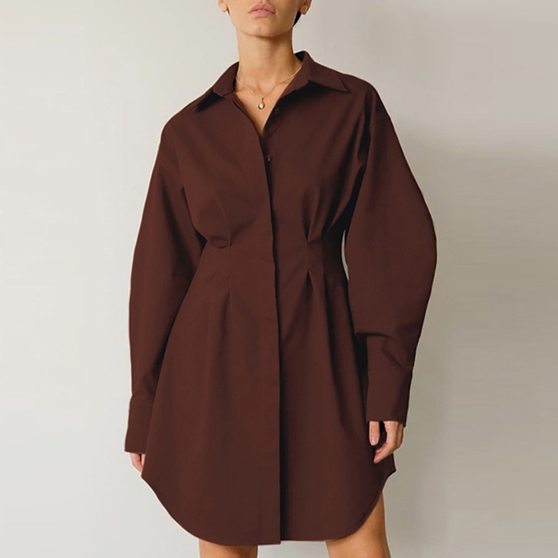 ChantMantras Women's Long Sleeve Pleated Waist Shirt Dress in Brown (photo 7)