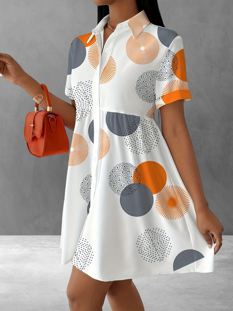 ChantMantras Women's Short Sleeve Circle Print Shirt Dress in White (photo 4)
