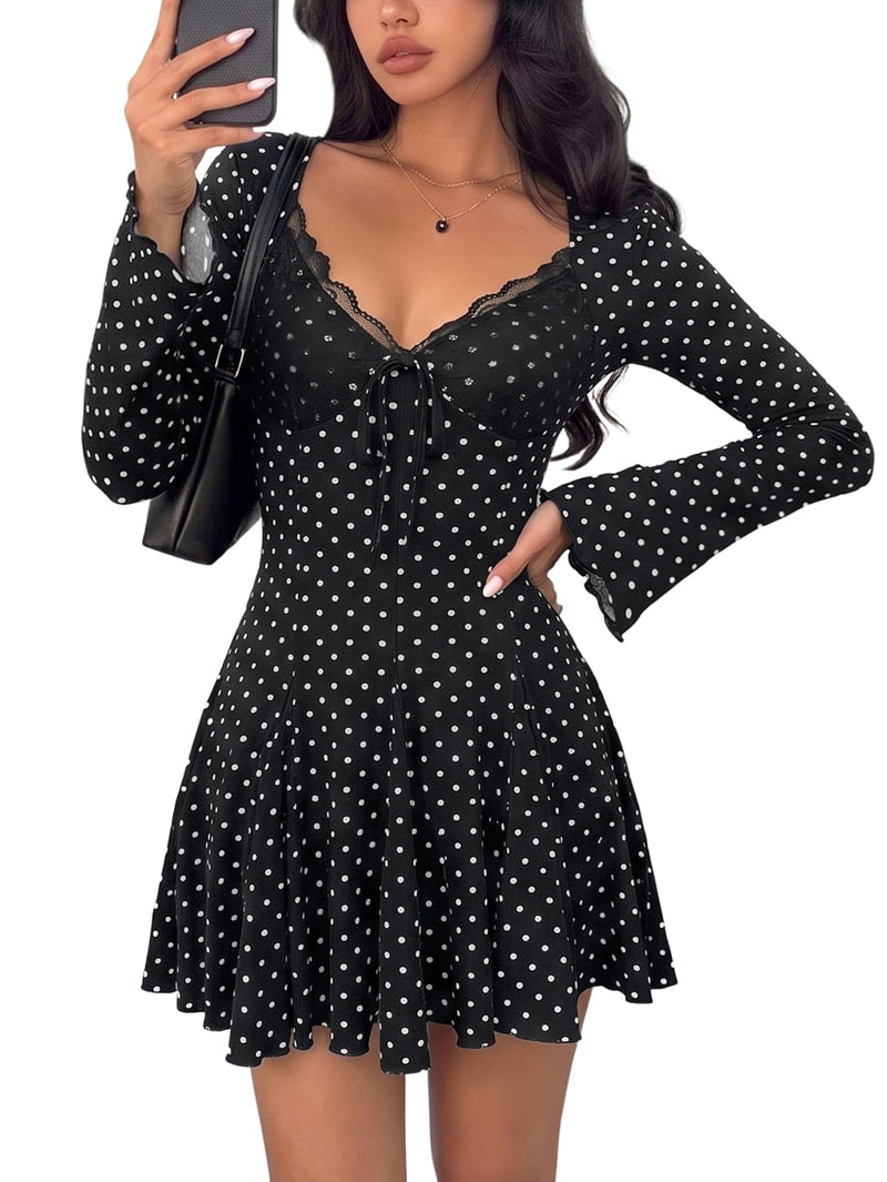 ChantMantras Women's Polka Dot Lace Trim Long Sleeve Mini Dress in Black (photo 2)
