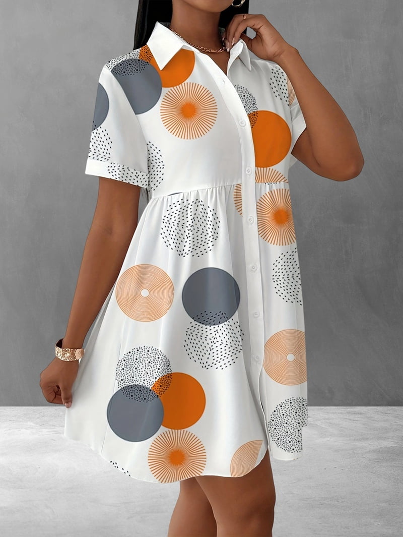 ChantMantras Women's Short Sleeve Circle Print Shirt Dress in White (photo 5)