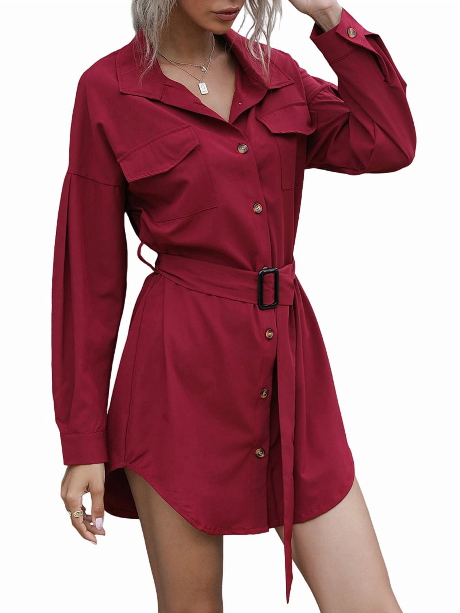 ChantMantras Women's Belted Long Sleeve Shirt Dress in Wine Red