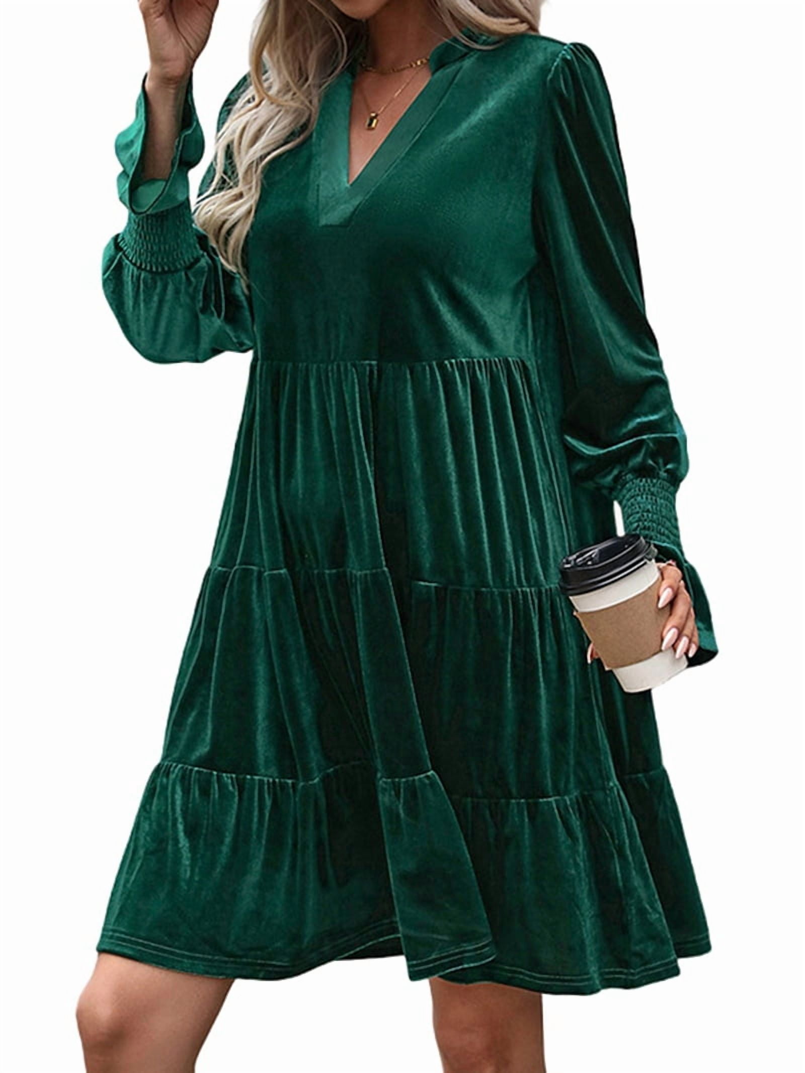 ChantMantras Women's Long Sleeve Tiered Velvet Babydoll Dress in Dark Green