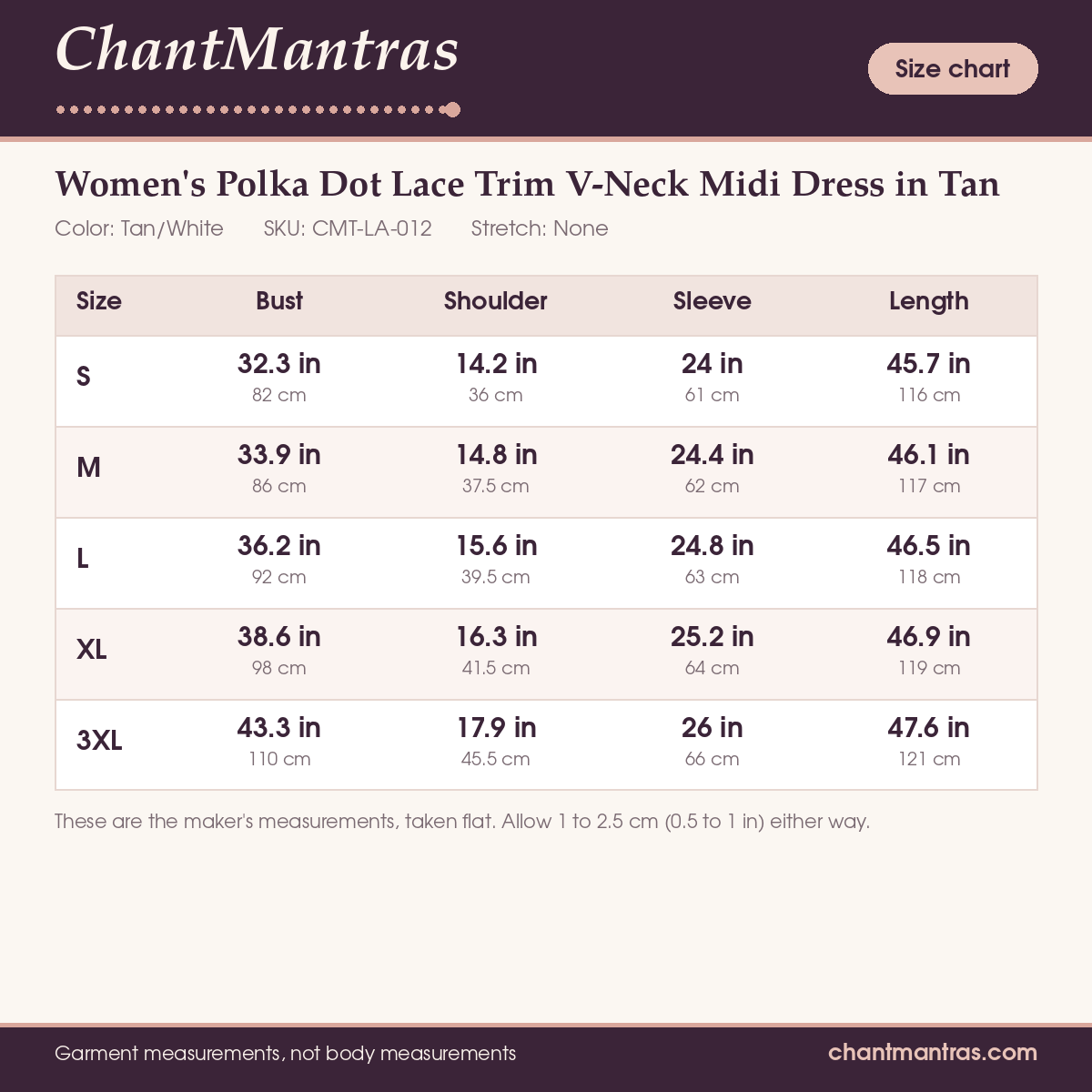ChantMantras Women's Polka Dot Lace Trim V-Neck Midi Dress in Tan (photo 8)