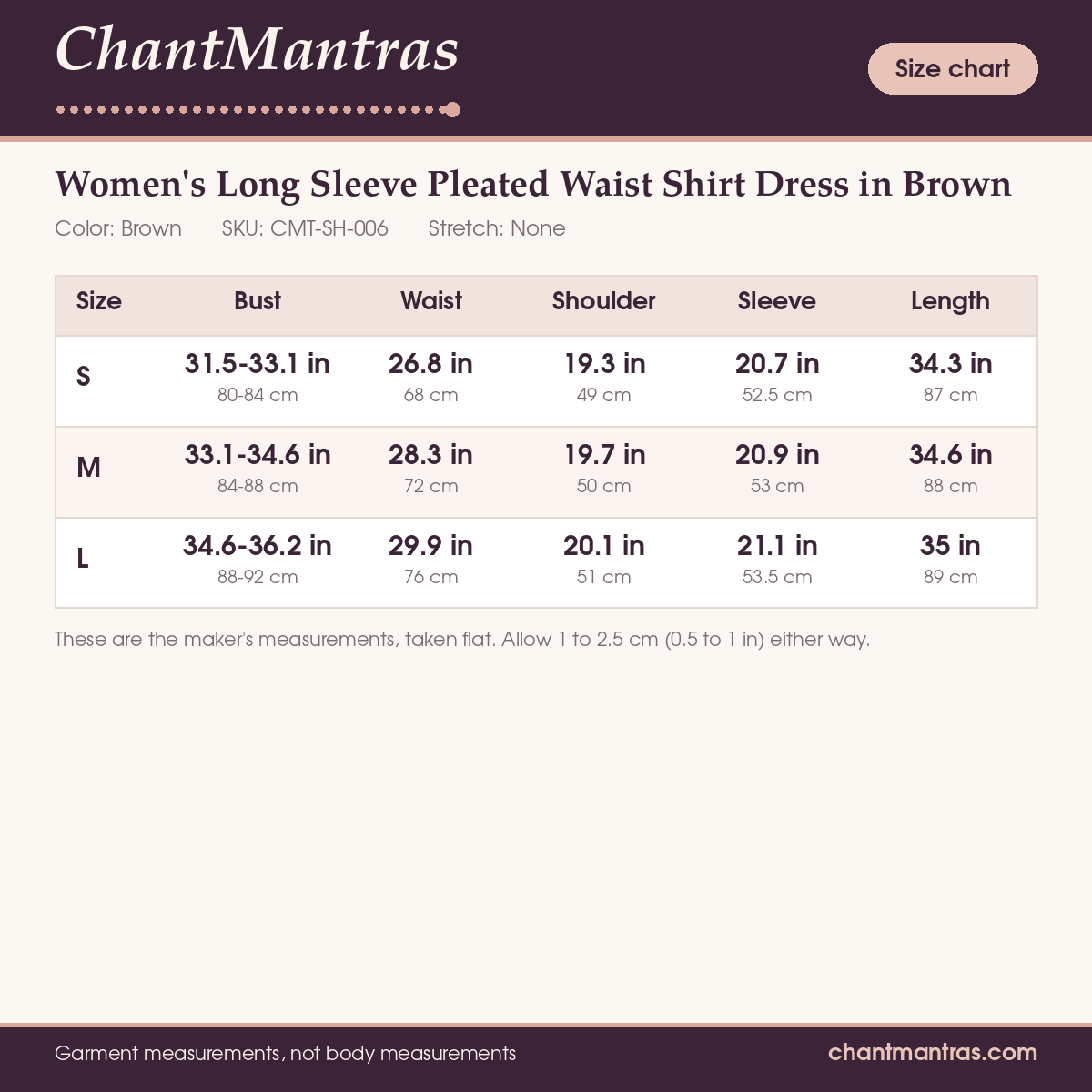 ChantMantras Women's Long Sleeve Pleated Waist Shirt Dress in Brown (photo 10)