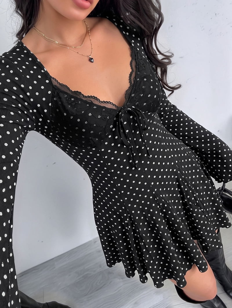 ChantMantras Women's Polka Dot Lace Trim Long Sleeve Mini Dress in Black (photo 5)