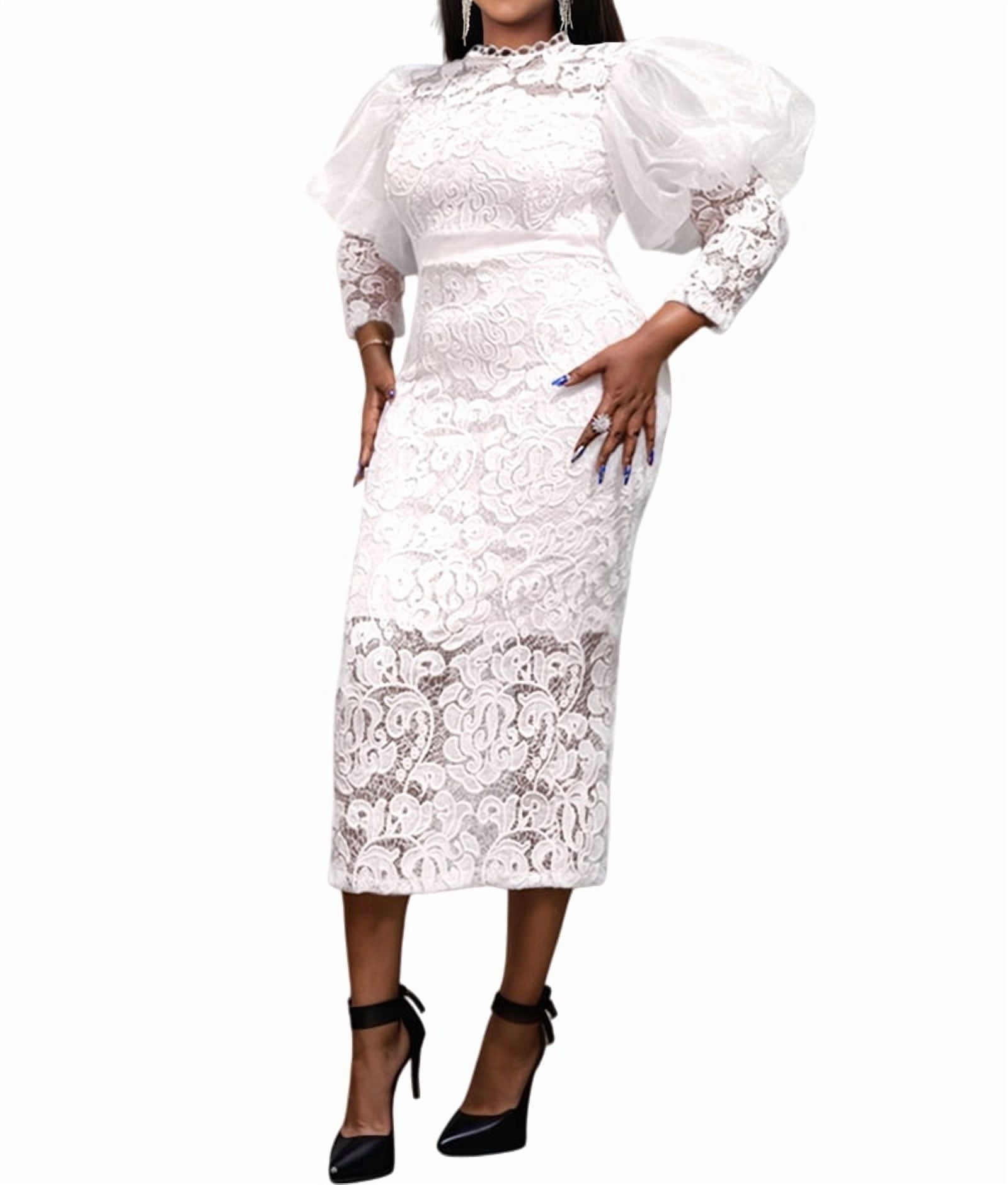 ChantMantras Women's Puff Sleeve Lace Pencil Midi Dress in White (photo 2)