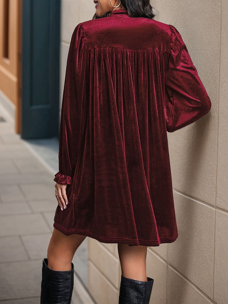 ChantMantras Women's Long Sleeve Velvet Babydoll Dress in Wine Red (photo 8)