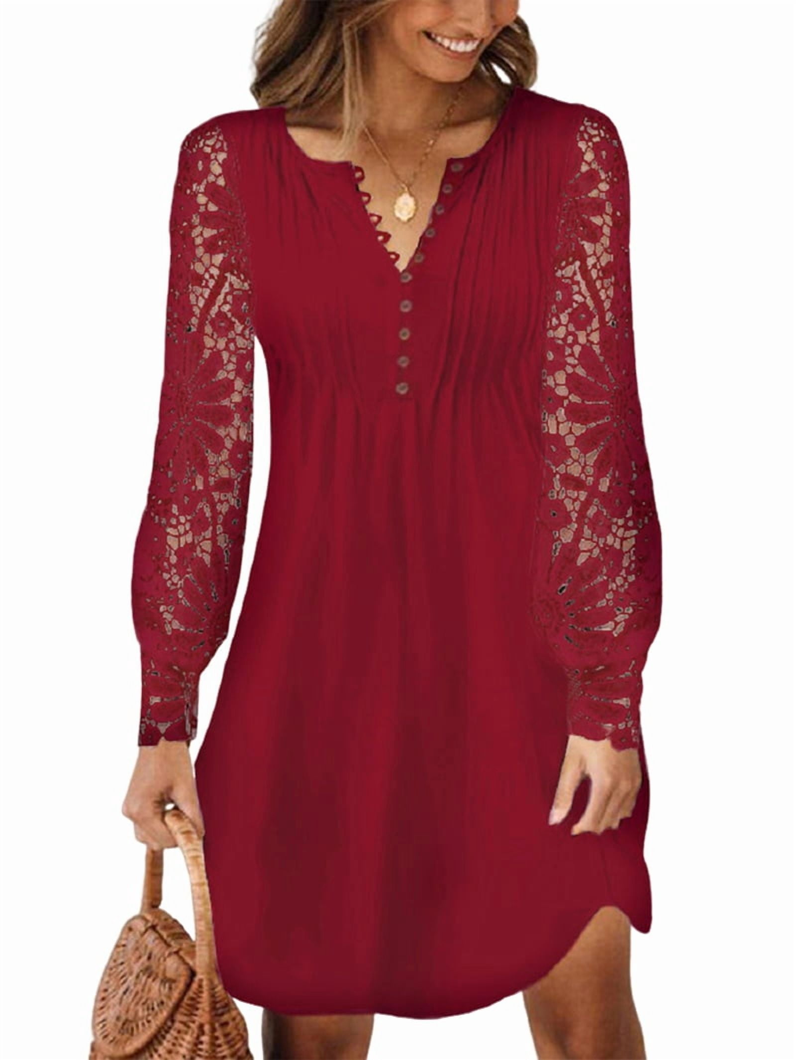ChantMantras Women's Lace Sleeve Pintuck Shift Dress in Wine Red