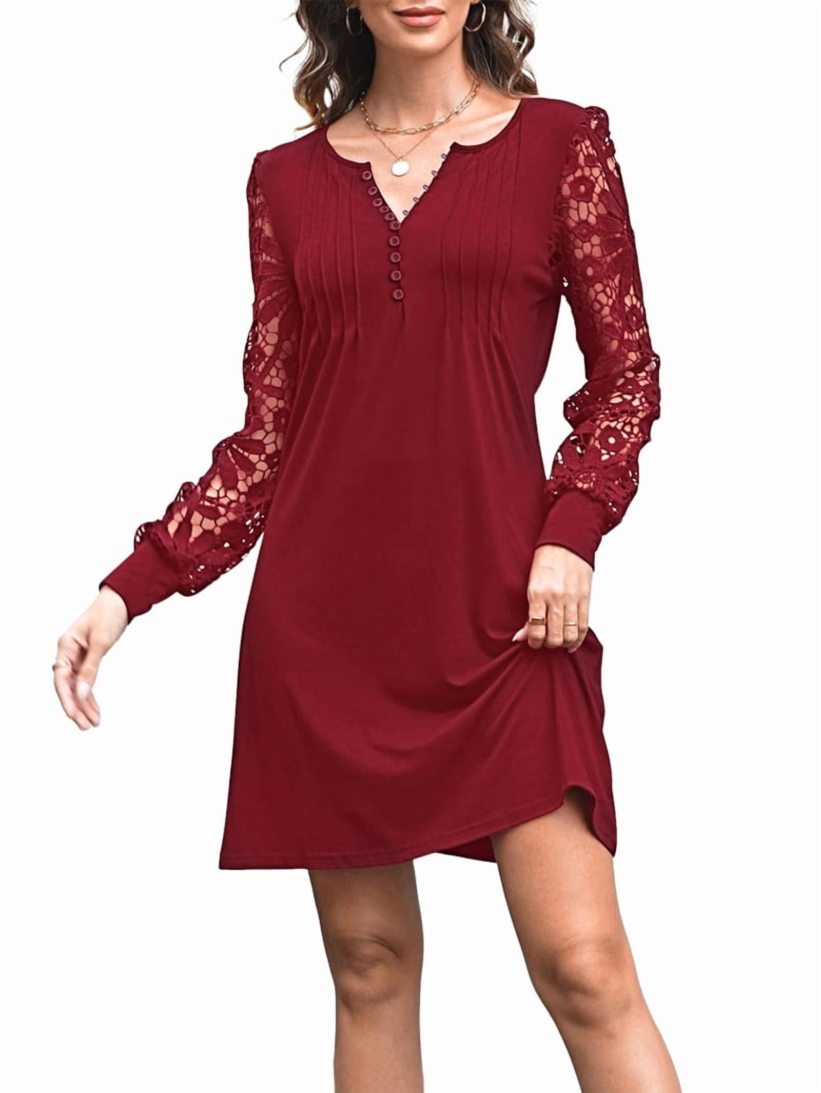 ChantMantras Women's Lace Sleeve Pintuck Shift Dress in Wine Red (photo 3)