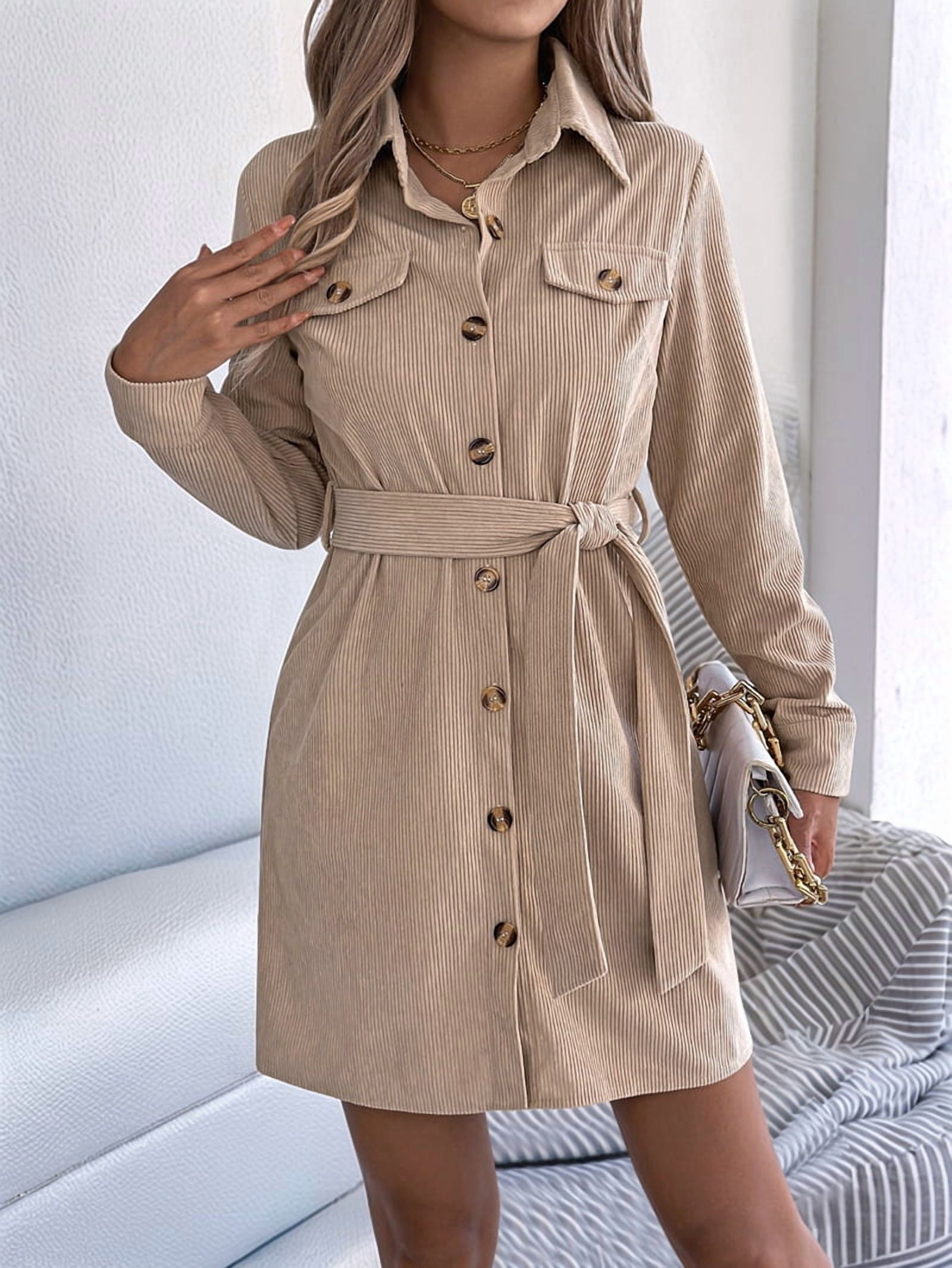 ChantMantras Women's Belted Long Sleeve Mini Shirt Dress in Tan (photo 2)