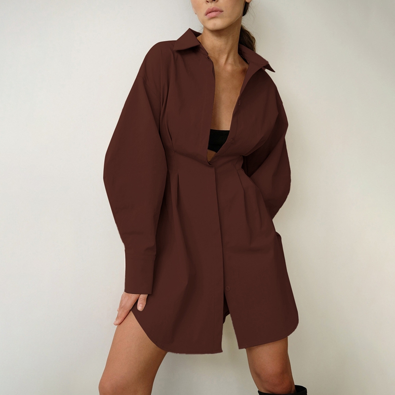 ChantMantras Women's Long Sleeve Pleated Waist Shirt Dress in Brown (photo 8)