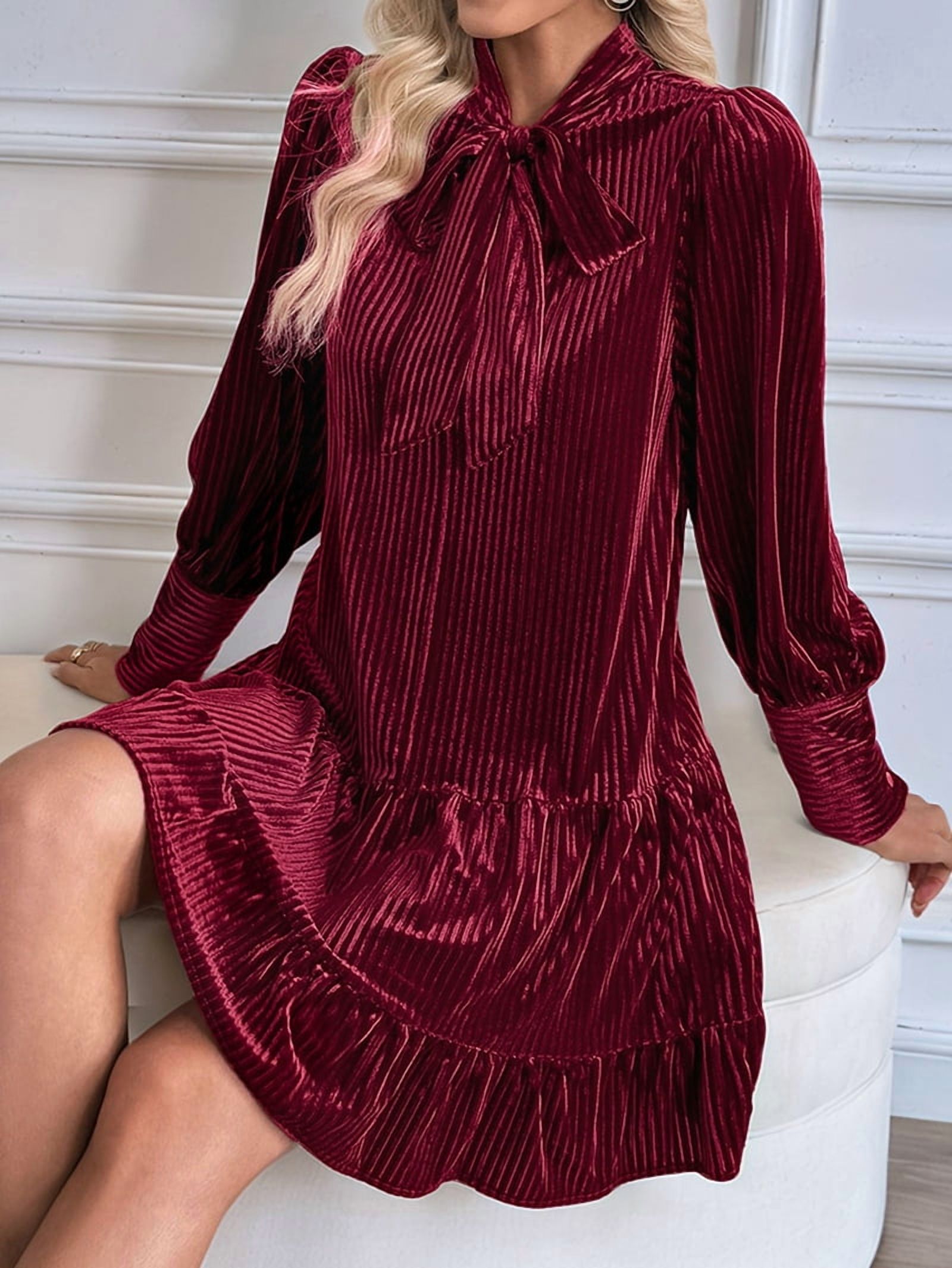 ChantMantras Women's Bow Tie Neck Velvet Babydoll Mini Dress in Wine Red (photo 7)