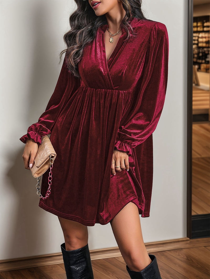 ChantMantras Women's Long Sleeve Velvet Babydoll Dress in Wine Red (photo 5)