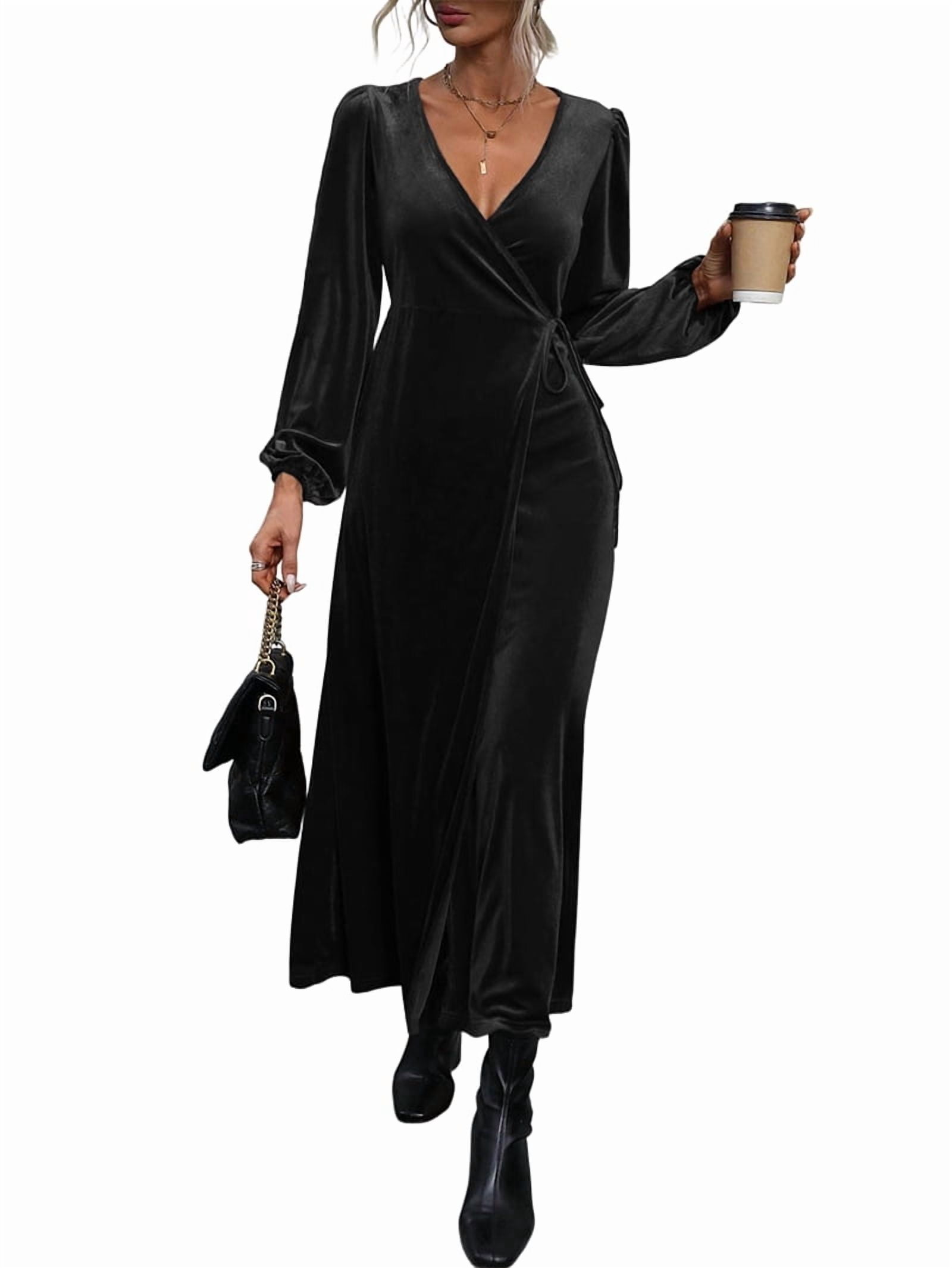 ChantMantras Women's Long Sleeve Velvet Wrap Dress with Slit in Black (photo 2)