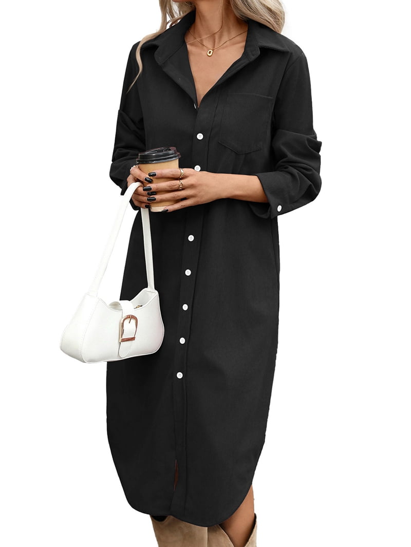 ChantMantras Women's Corduroy Shirt Dress in Black