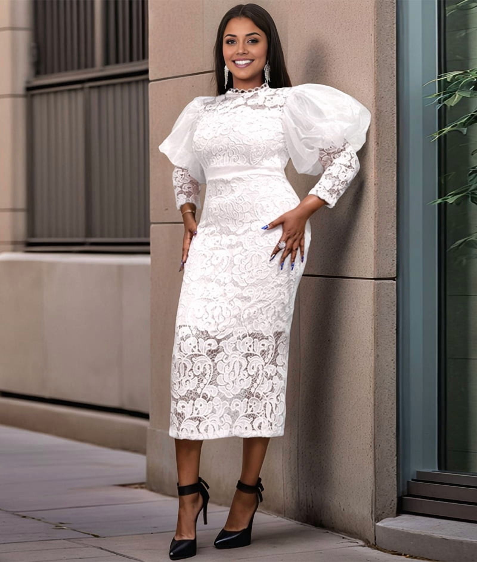 ChantMantras Women's Puff Sleeve Lace Pencil Midi Dress in White (photo 7)