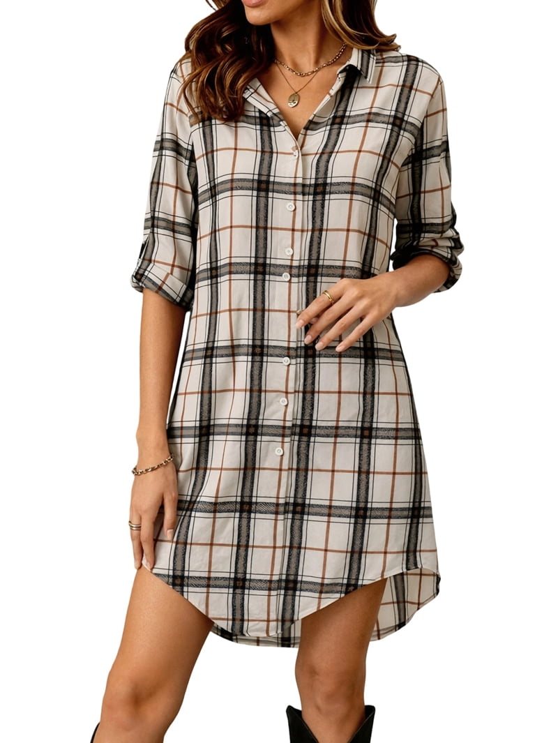 ChantMantras Women's Plaid Long Sleeve Shirt Dress in Beige and Black