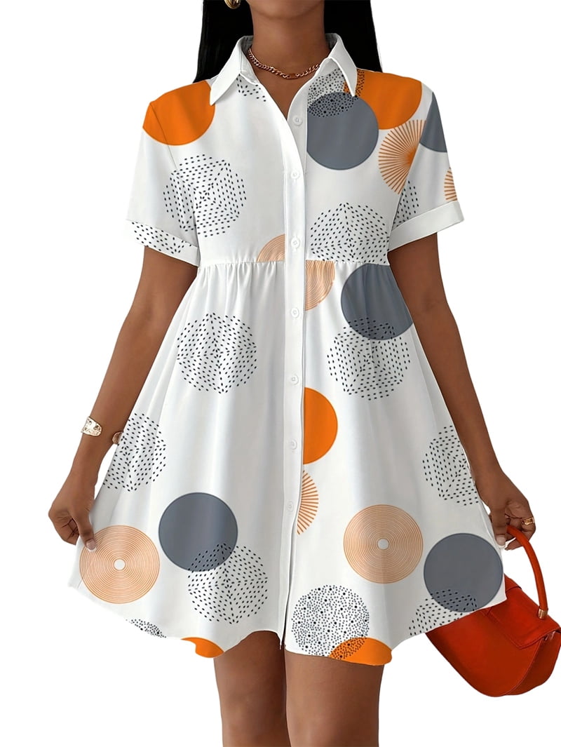 ChantMantras Women's Short Sleeve Circle Print Shirt Dress in White (photo 3)