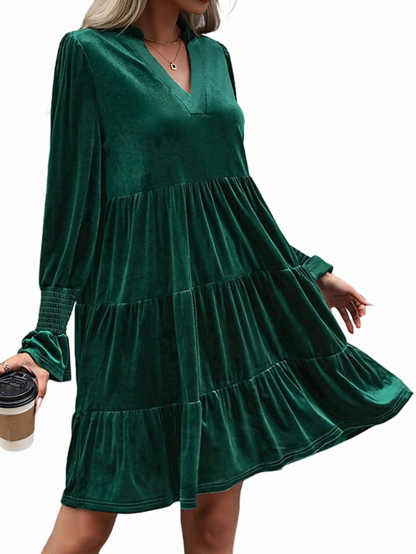 ChantMantras Women's Long Sleeve Tiered Velvet Babydoll Dress in Dark Green (photo 2)