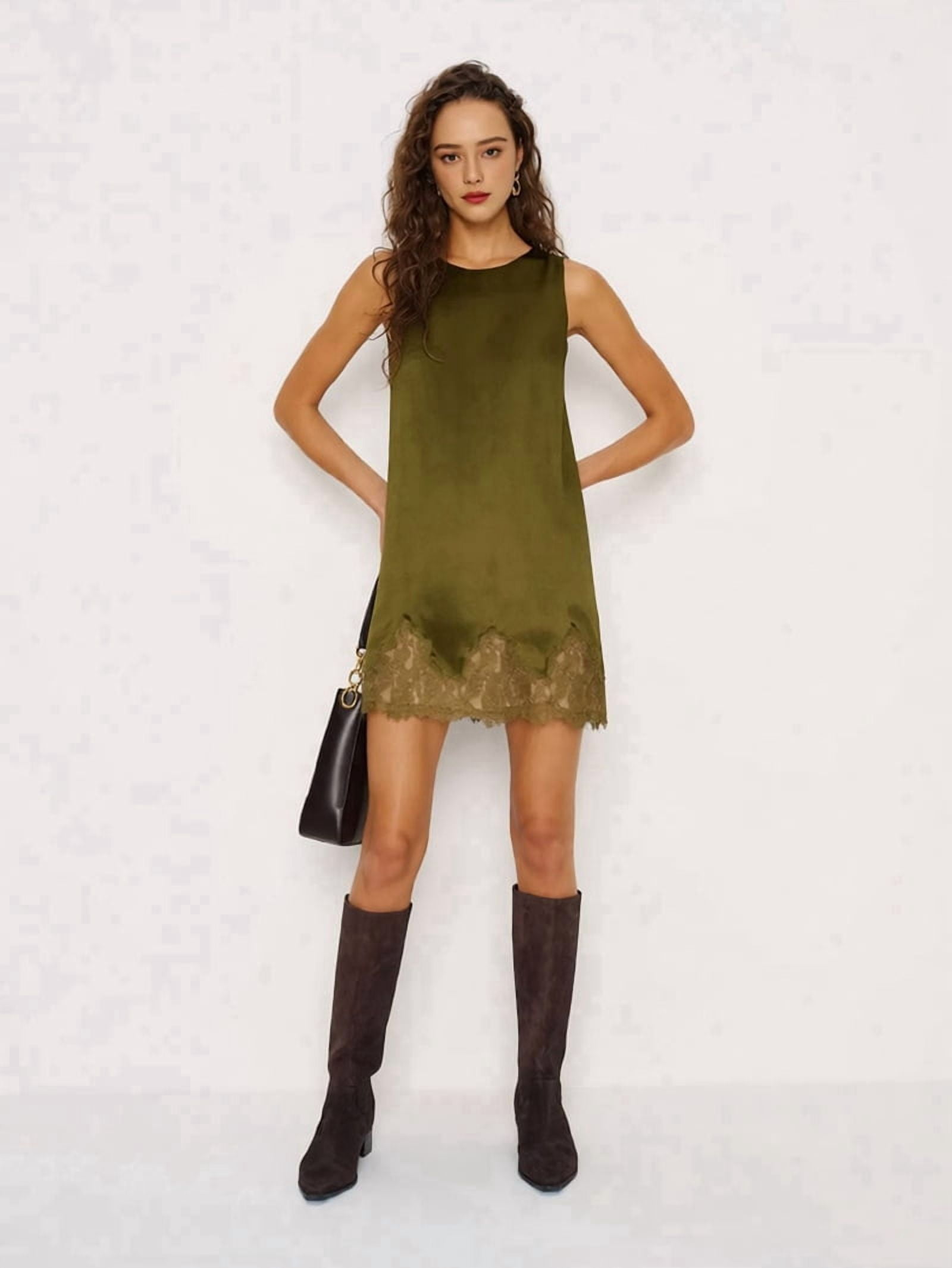ChantMantras Women's Sleeveless Lace Hem Shift Dress in Olive Green (photo 5)
