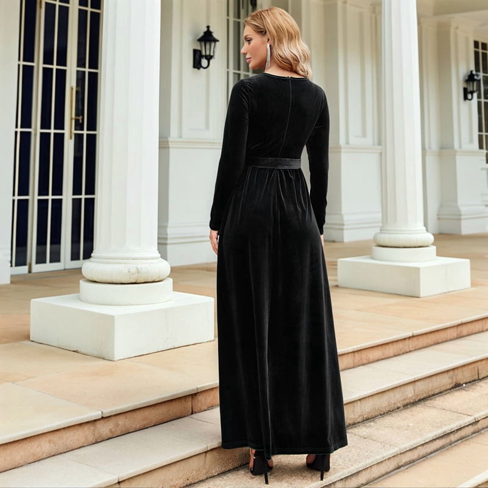 ChantMantras Women's Belted Velvet Maxi Dress with Pockets in Black (photo 8)