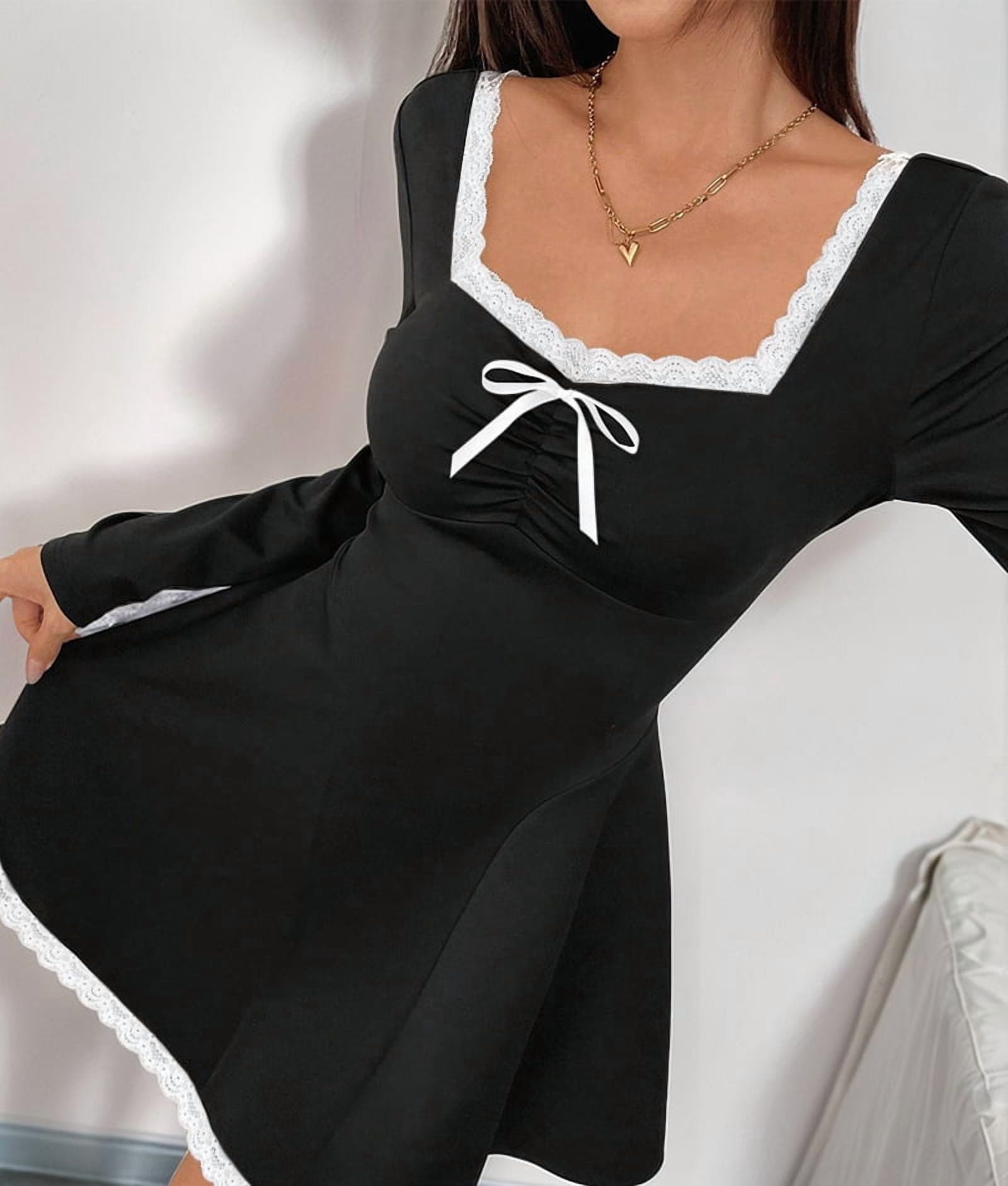 ChantMantras Women's Lace Trim Square Neck Mini Dress with Bow in Black (photo 4)