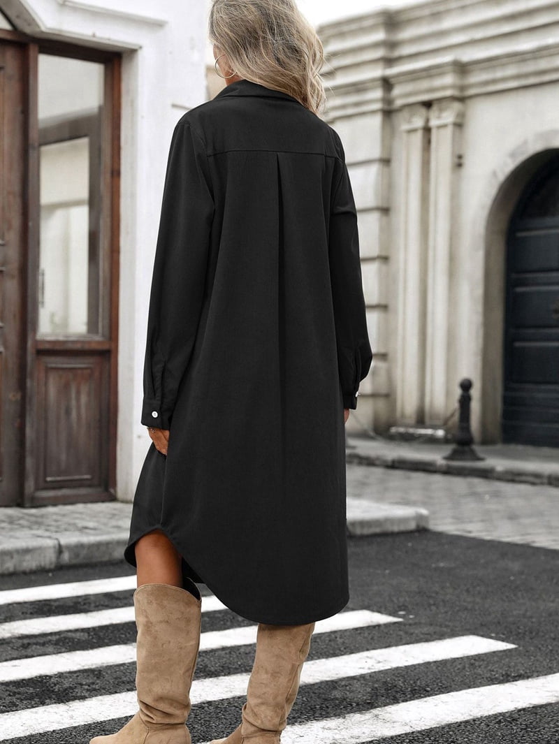 ChantMantras Women's Corduroy Shirt Dress in Black (photo 9)