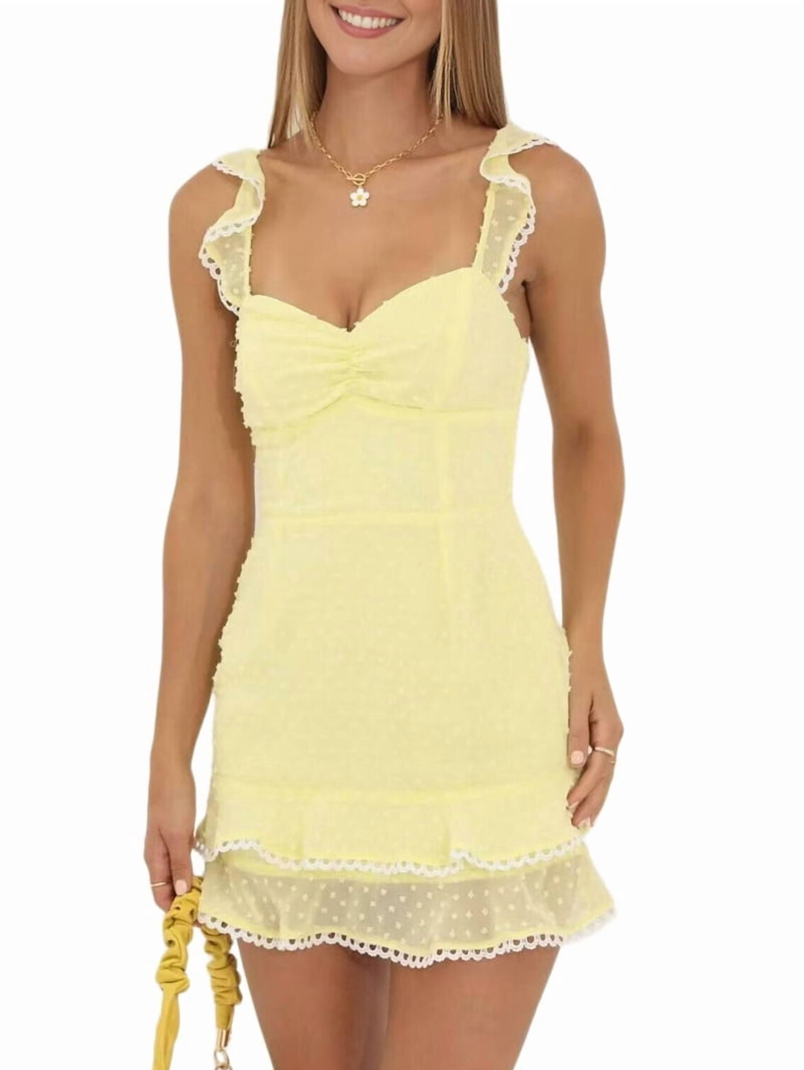 ChantMantras Women's Lace Trim Backless Mini Sundress in Pale Yellow