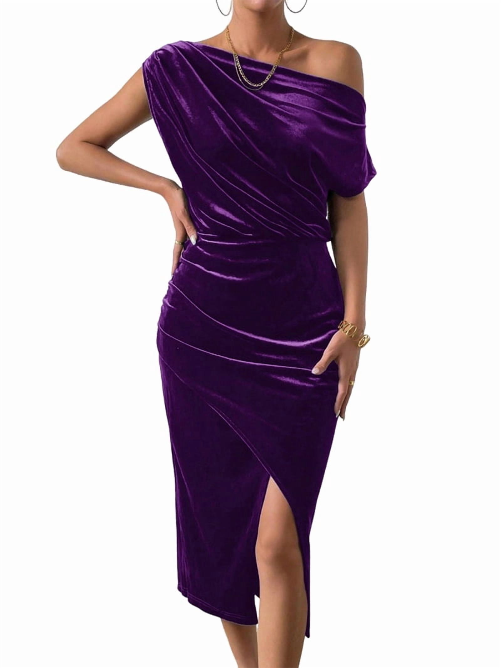 ChantMantras Women's Off the Shoulder Ruched Velvet Midi Dress in Purple (photo 3)