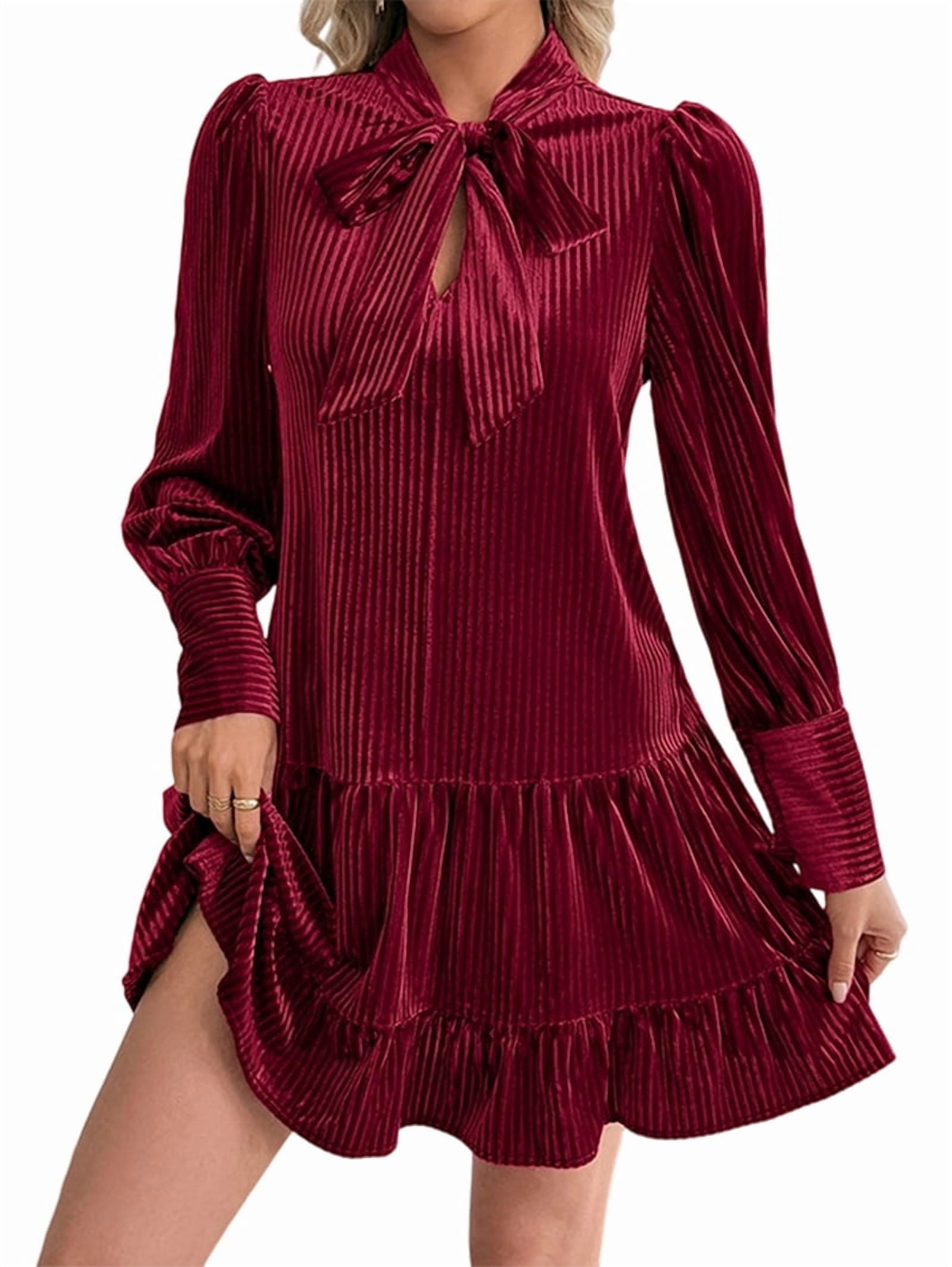 ChantMantras Women's Bow Tie Neck Velvet Babydoll Mini Dress in Wine Red (photo 3)