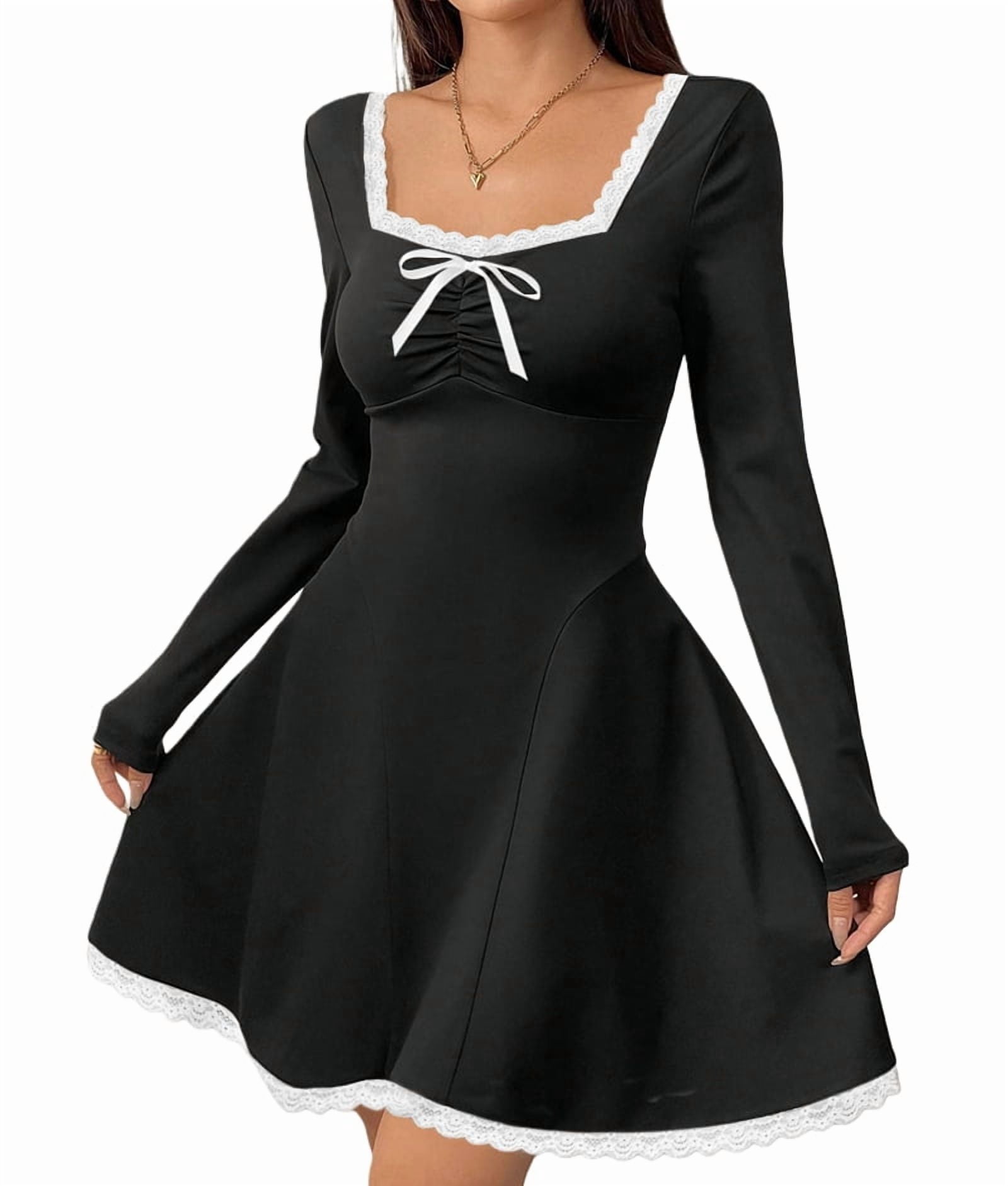ChantMantras Women's Lace Trim Square Neck Mini Dress with Bow in Black (photo 2)