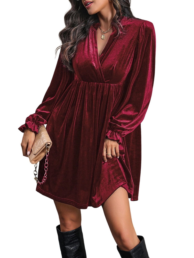 Long sleeve velvet babydoll dress in wine red