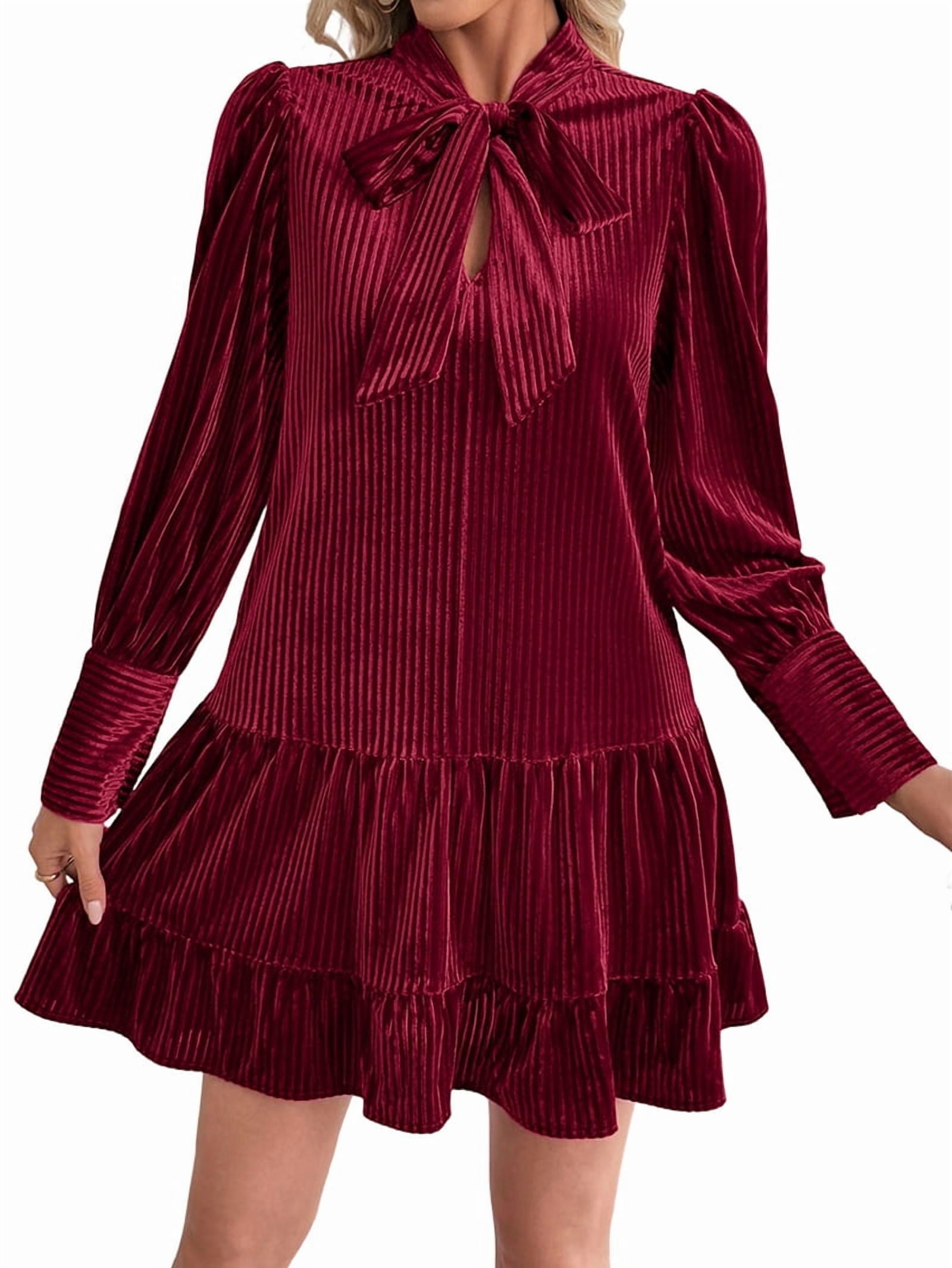 ChantMantras Women's Bow Tie Neck Velvet Babydoll Mini Dress in Wine Red