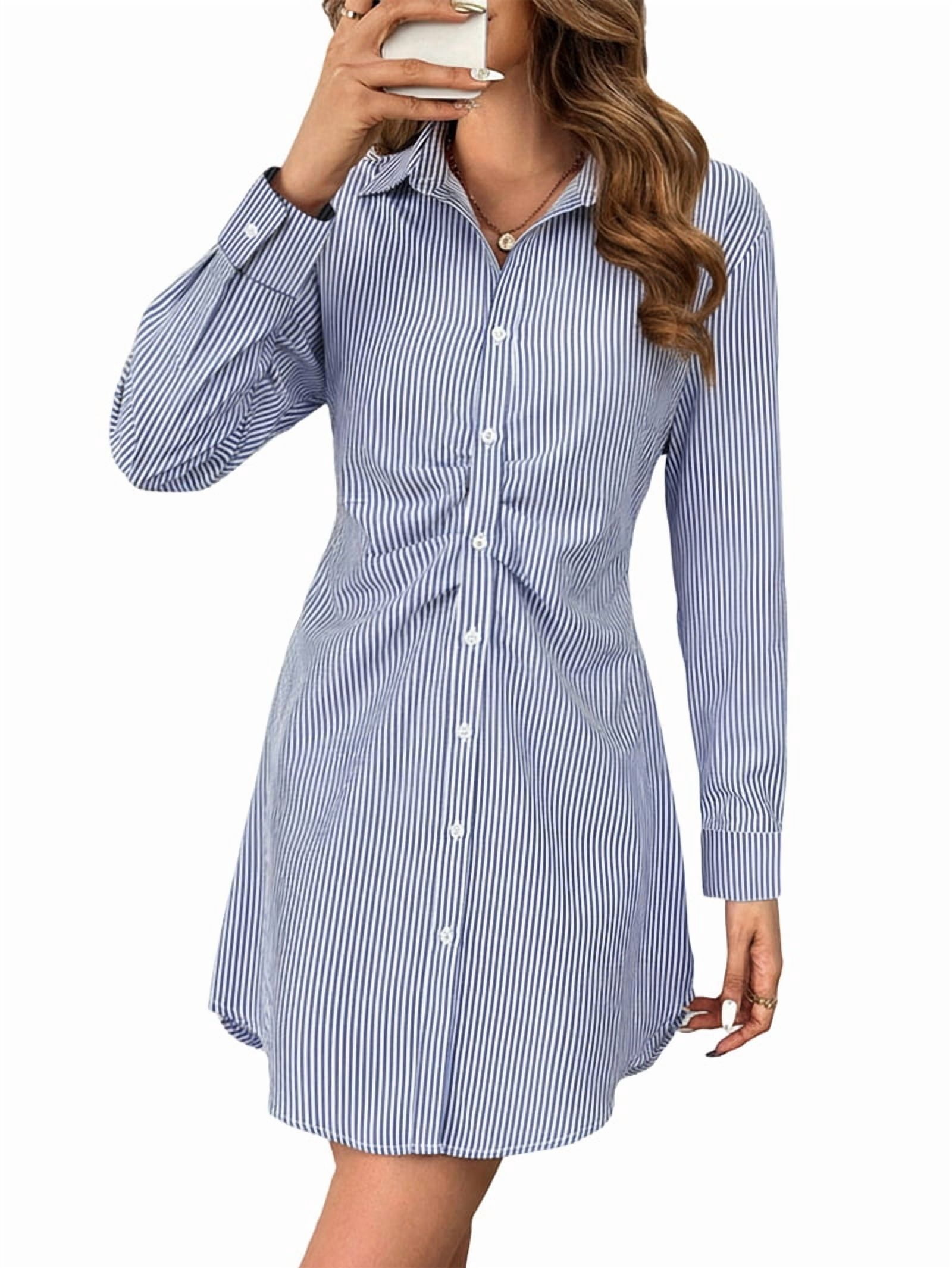 ChantMantras Women's Striped Ruched Waist Shirt Dress in Blue and White (photo 2)