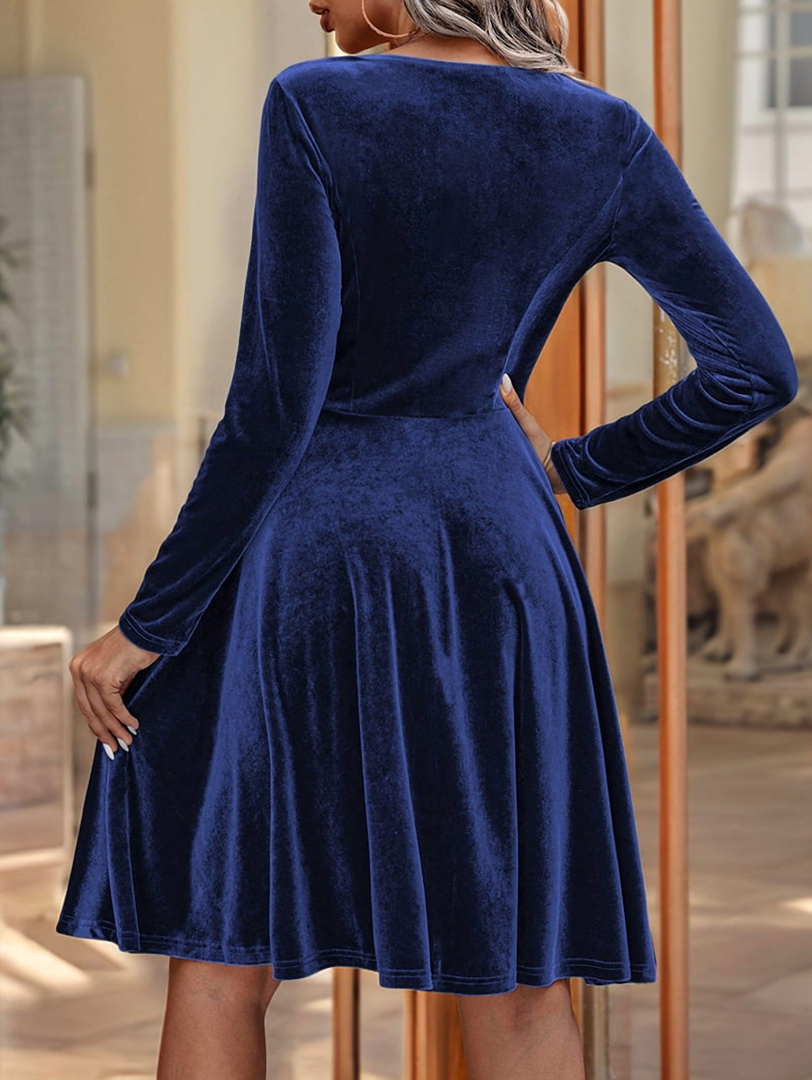 ChantMantras Women's Long Sleeve Velvet Swing Dress in Navy (photo 6)
