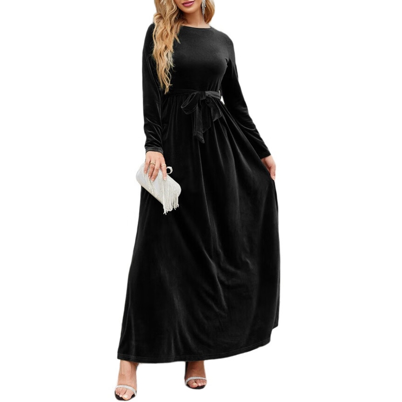 ChantMantras Women's Belted Velvet Maxi Dress with Pockets in Black (photo 3)